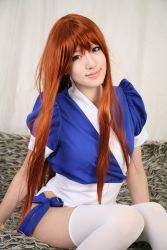 Rule 34 | 1girl, asian, cosplay, couch, curtains, dead or alive, highres, indoors, kasumi (doa), kasumi (doa) (cosplay), long hair, looking at viewer, ninja, pelvic curtain, photo (medium), red hair, saya (cosplayer), solo, tecmo, thighhighs, white thighhighs