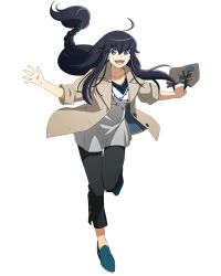 Rule 34 | 1girl, :d, ahoge, aqua footwear, bag, black hair, black pants, blue eyes, breasts, casual, collarbone, dress, floating hair, full body, grey jacket, hair between eyes, holding, holding bag, jacket, jewelry, kanami (log horizon), leg up, log horizon, long hair, looking at viewer, low-braided long hair, low-tied long hair, medium breasts, necklace, official art, open clothes, open jacket, open mouth, pants, shoes, short dress, smile, solo, standing, standing on one leg, transparent background, very long hair, white dress
