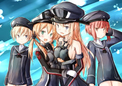 Rule 34 | 10s, 4girls, :d, adapted costume, anchor hair ornament, aqua eyes, bare shoulders, bismarck (kancolle), blonde hair, blue eyes, blush, breasts, cleavage, clothes writing, cross, detached sleeves, gloves, hair ornament, hand on another&#039;s arm, hand on another&#039;s arms, hat, highres, iron cross, kantai collection, long hair, long sleeves, looking at viewer, military, military uniform, multiple girls, open mouth, outline, peaked cap, pink eyes, prinz eugen (kancolle), red hair, rits (single type), sailor collar, sailor hat, short hair, sidelocks, sketch, small breasts, smile, tongue, twintails, underboob, uniform, white gloves, z1 leberecht maass (kancolle), z3 max schultz (kancolle)