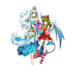 Rule 34 | 2girls, absurdres, alternate costume, amagai tarou, bare shoulders, barefoot, bridal gauntlets, closed mouth, collarbone, cosplay, demon tail, dress, fire emblem, fire emblem: mystery of the emblem, fire emblem: the blazing blade, fire emblem heroes, full body, green eyes, hagoromo, hair ornament, halloween costume, highres, holding, horns, lips, long dress, long hair, looking at viewer, multiple girls, ninian, nintendo, official alternate costume, official art, open mouth, pointy ears, ponytail, red dress, red eyes, shawl, short dress, sidelocks, silver hair, sleeveless, smile, snowflake print, tail, tiki (fire emblem), tiki (young) (fire emblem), toeless footwear, toes, white background, wings
