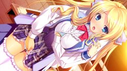 Rule 34 | 1girl, blonde hair, blue eyes, blush, bow, bowtie, grabbing another&#039;s breast, breasts, fingering, game cg, grabbing, harvest overray, large breasts, legs, long hair, looking away, mikami lilia, nironiro, open mouth, panties, pussy juice, school uniform, standing, thighs, twintails, underwear, usume shirou, wet, white legwear