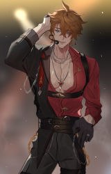 Rule 34 | 1boy, absurdres, belt, black pants, blue eyes, chain, earrings, genshin impact, gloves, ha ze, half gloves, hand in own hair, headset, highres, jewelry, lower teeth only, microphone, necklace, open clothes, open mouth, open shirt, orange hair, pants, pectorals, red shirt, ring, shirt, single earring, solo, sweat, tartaglia (genshin impact), teeth