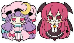 Rule 34 | 2girls, akaneya, bad id, bad pixiv id, bat wings, bespectacled, blush stickers, book, chibi, crescent, demon tail, female focus, glasses, hat, head wings, koakuma, lowres, multiple girls, patchouli knowledge, pink eyes, purple hair, red eyes, red hair, smile, tail, embodiment of scarlet devil, touhou, v arms, wings