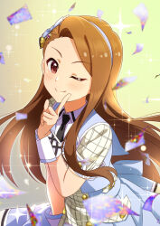 Rule 34 | 1girl, asymmetrical bangs, black necktie, blue shirt, blue skirt, brown hair, closed mouth, collared shirt, finger to cheek, forehead, future signature (idolmaster), gradient background, hair ornament, hair over shoulder, hairband, highres, idolmaster, idolmaster (classic), idolmaster million live!, idolmaster million live! theater days, light blush, light smile, long hair, looking at viewer, minase iori, necktie, official alternate costume, one eye closed, plaid, plaid shirt, plaid skirt, pocket, red eyes, sb emilylove, shirt, short sleeves, single sidelock, skirt, solo, sparkle, straight hair, swept bangs, upper body, wrist cuffs