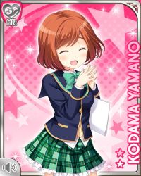 Rule 34 | 1girl, blue jacket, bow, brown eyes, brown hair, card, character name, closed eyes, girlfriend (kari), green bow, green skirt, jacket, looking at viewer, official art, open mouth, paper, pink background, plaid, plaid skirt, pout, qp:flapper, school uniform, skirt, socks, solo, yamano kodama