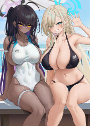 Rule 34 | 2girls, absurdres, ahoge, alternate costume, arm support, asuna (blue archive), asymmetrical bangs, b-pang, beach umbrella, bikini, black bikini, black hair, blue archive, blush, braid, breasts, cleavage, collarbone, competition swimsuit, covered navel, curvy, dark-skinned female, dark skin, feet out of frame, hair over one eye, halo, hand up, highres, huge breasts, karin (blue archive), knees together feet apart, light brown hair, long bangs, long hair, looking at viewer, mole, mole on breast, multiple girls, navel, one-piece swimsuit, outdoors, sideboob, sitting, skindentation, smile, stomach, swimsuit, thigh strap, two-tone one-piece swimsuit, umbrella, very long hair