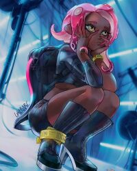 Rule 34 | 1girl, agent 8 (splatoon), artist name, backpack, bag, black footwear, black shirt, black shorts, boots, bracelet, brown eyes, cable, dark-skinned female, dark skin, frown, high heel boots, high heels, jewelry, looking up, midriff, nintendo, octoling, octoling girl, octoling player character, pink hair, shirt, short hair, short shorts, shorts, single sleeve, skindentation, solo, splatoon (series), splatoon 2, splatoon 2: octo expansion, squatting, tentacle hair, ukabare
