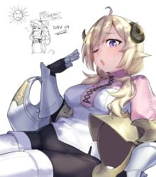 Rule 34 | 1girl, = =, animal ears, armor, backpack, bag, blonde hair, blush, dasdokter, flag, grin, helm, helmet, highres, hololive, horns, hot, long hair, low twintails, one eye closed, open mouth, purple eyes, sheep ears, sheep horns, smile, solo, sun, sweat, tsunomaki watame, turtleneck, twintails, virtual youtuber