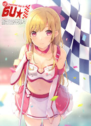Rule 34 | 1girl, 6u (eternal land), absurdres, artist name, bare shoulders, blonde hair, blurry, blurry background, blush, bow, breasts, checkered flag, choker, cleavage, closed mouth, collarbone, confetti, earrings, elbow gloves, flag, gloves, hair bow, highres, holding, jewelry, leaning forward, long hair, looking at viewer, medium breasts, midriff, miniskirt, original, red eyes, scan, shiny skin, sidelocks, simple background, skirt, smile, solo, thighhighs, zettai ryouiki