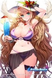 Rule 34 | 1girl, adjusting clothes, adjusting headwear, arm up, armlet, armpits, bikini, blonde hair, blush, breasts, choker, cowboy shot, cuffs, cup, drinking glass, flower, green eyes, halterneck, hat, hat flower, heart pendant, highres, jewelry, large breasts, long hair, looking at viewer, navel, official art, parted lips, pendant, sarong, shackles, smile, snowball22, soccer spirits, solo, stomach, striped bikini, striped clothes, sun hat, sweat, swimsuit, very long hair, wavy hair