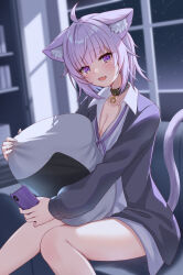 Rule 34 | 1girl, absurdres, ahoge, animal collar, animal ear fluff, animal ears, black collar, black jacket, blurry, blurry background, breasts, cat ears, cat girl, cat tail, cleavage, collar, collared shirt, commentary request, couch, ears down, fang, highres, holding, holding phone, hololive, indoors, jacket, long sleeves, looking at viewer, loose neck ribbon, medium breasts, nekomata okayu, nekomata okayu (oversized shirt), official alternate costume, on couch, onigiri print, open mouth, phone, puffy long sleeves, puffy sleeves, purple eyes, purple hair, purple ribbon, ribbon, shirt, short hair, sitting, skin fang, smile, solo, stuffed food, stuffed toy, tail, thighs, togemaru34, virtual youtuber, white shirt
