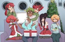 Rule 34 | 6+boys, absurdres, antlers, aqua shirt, arjun (ms pigtails), bare shoulders, black hair, blonde hair, blue pants, box, charley (ms pigtails), choker, christmas tree, clothes writing, couch, dark-skinned male, dark skin, eyeball, fake antlers, food, fur trim, gift, gift box, green footwear, green hair, green sweater, highres, horns, ichiro (ms pigtails), itsuki (ms pigtails), long hair, male focus, multiple boys, open mouth, original, pants, pink hair, print shirt, pudding, rectangular eyewear, red hair, red legwear, roland (ms pigtails), santa costume, seiza, sergey (ms pigtails), shirt, short hair, sitting, sky guy art, smile, socks, suction cups, sweater, tentacles, white sweater