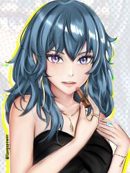 Rule 34 | 1girl, absurdres, alternate costume, bare arms, bare shoulders, black dress, blue eyes, blue hair, byleth (female) (fire emblem), byleth (fire emblem), commentary request, cosmetics, dress, fire emblem, fire emblem: three houses, highres, holding, holding lipstick tube, jewelry, langspower, lipstick tube, long hair, looking at viewer, necklace, nintendo, parted lips, pink lips, solo, strapless, strapless dress, upper body