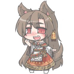 Rule 34 | 1girl, alternate costume, animal ears, bare shoulders, blush, brown hair, chibi, choker, dress, fang, full body, imaizumi kagerou, kureha mitsushige, long hair, long sleeves, looking at viewer, off shoulder, open mouth, red eyes, ribbon, sash, simple background, smile, solo, tail, touhou, traditional clothes, white background, wide sleeves, wolf ears, wolf tail