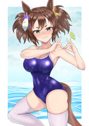 Rule 34 | 1girl, blue eyes, blue one-piece swimsuit, blush, breasts, brown hair, closed mouth, commentary request, covered navel, fang, fox mask, fox shadow puppet, half-closed eyes, hand gesture, highres, inari one (umamusume), knee up, large breasts, looking at viewer, mask, mask on head, medium hair, messy hair, notice lines, one-piece swimsuit, outside border, partial commentary, school swimsuit, skin fang, smile, solo, standing, sweatdrop, swimsuit, teaclaw, thighhighs, umamusume, water, wet, white thighhighs
