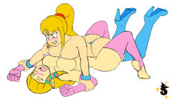 Rule 34 | 2girls, ass, blonde hair, blue eyes, blush, boots, breast press, breasts, closed eyes, gloves, lying, metroid, multiple girls, naughty face, nintendo, nude, open mouth, ponytail, princess zelda, restrained, samus aran, sexually suggestive, sidelocks, the legend of zelda, the legend of zelda: skyward sword, thighs, thong