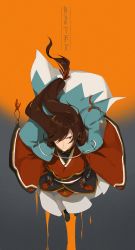 Rule 34 | 10s, 1boy, black hair, blue eyes, character name, from above, frown, hair over one eye, haori, highres, izumi-no-kami kanesada, jacket, jacket on shoulders, japanese clothes, long hair, looking at viewer, low-tied long hair, male focus, orange background, red ribbon, ribbon, sheath, sheathed, shinsengumi, simple background, soichi (sow1), solo, sword, touken ranbu, very long hair, weapon, wide sleeves