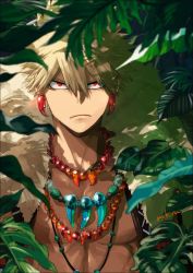 Rule 34 | 1boy, bakugou katsuki, bare pectorals, beads, blonde hair, blurry, blurry foreground, boku no hero academia, closed mouth, collarbone, earrings, frown, fur trim, hair between eyes, highres, jewelry, leaf, looking at viewer, male focus, mkm (mkm storage), nature, necklace, official alternate costume, outdoors, pectorals, red eyes, short hair, signature, spiked hair, toned, tooth necklace, tree, upper body
