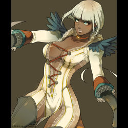 Rule 34 | 00s, 1girl, black footwear, black gloves, blue eyes, blunt bangs, blush, bob cut, bodysuit, boots, breasts, brown background, capcom, center opening, cleavage, cleavage cutout, clothing cutout, collarbone, cowboy shot, dark-skinned female, dark skin, devil may cry, devil may cry (series), devil may cry 4, elbow gloves, gloria (devil may cry), gloves, gold trim, large breasts, lips, looking to the side, lowres, midriff, nessie, nessie (kska), parted lips, pillarboxed, short hair, simple background, sleeves past elbows, smile, solo, thigh boots, thighhighs, trish (devil may cry), tsurime, white hair