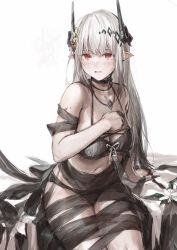 Rule 34 | 1girl, absurdres, arknights, bad id, bad pixiv id, bare shoulders, bikini, black bikini, black ribbon, blush, breasts, cleavage, collar, collarbone, eyebrows hidden by hair, flower, hair flower, hair ornament, hand on own chest, highres, horns, infection monitor (arknights), jewelry, large breasts, long hair, looking at viewer, material growth, mudrock (arknights), mudrock (silent night) (arknights), navel, necklace, official alternate costume, open mouth, oripathy lesion (arknights), red eyes, ribbon, silver hair, simple background, sitting, solo, sweatdrop, swimsuit, tentsuu (tentwo), very long hair, white background, white flower, yellow flower