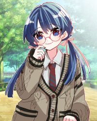 Rule 34 | 1girl, alternate costume, arm at side, blue eyes, blue hair, brown necktie, brown sweater, closed mouth, collarbone, commentary, dark blue hair, diagonal-striped clothes, diagonal-striped necktie, dress shirt, glasses, hair ribbon, hand on own face, highres, kanduki kamibukuro, link! like! love live!, long hair, long sleeves, looking at viewer, love live!, low twintails, mole, mole on neck, murano sayaka, necktie, park, pink ribbon, ribbon, round eyewear, school uniform, shirt, sleeves past wrists, smile, solo, striped clothes, sweater, tree, twintails, upper body, white shirt