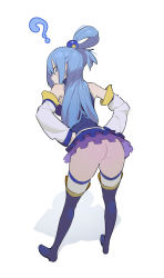 Rule 34 | 1girl, ?, aqua (konosuba), ass, bare shoulders, bent over, blue eyes, blue hair, blue shirt, blue skirt, blue thighhighs, boots, breasts, commentary, detached sleeves, english commentary, frills, from behind, hair between eyes, hair ornament, hair rings, hands on own hips, highres, kono subarashii sekai ni shukufuku wo!, long hair, long sleeves, looking at viewer, looking back, miniskirt, no panties, shirt, simple background, skirt, solo, standing, thigh boots, thighhighs, timbougami, upskirt, very long hair, white background, white thighhighs