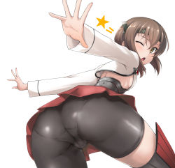 Rule 34 | 10s, 1girl, ass, bike shorts, breasts, brown eyes, brown hair, hair between eyes, hip attack, ipuu (el-ane koubou), kantai collection, looking at viewer, looking back, one eye closed, panties under bike shorts, pantylines, short hair, sideboob, simple background, small breasts, solo, star (symbol), taihou (kancolle), thighs, trefoil, white background
