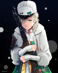 Rule 34 | 1girl, artist name, battle rifle, blonde hair, closed mouth, darkpulsegg, fedorov (girls&#039; frontline), fedorov avtomat, fur-trimmed jacket, fur trim, girls&#039; frontline, green eyes, gun, hair over one eye, highres, holding, holding weapon, jacket, long hair, looking at viewer, rifle, simple background, smile, solo, traditional clothes, weapon, white headwear, white jacket