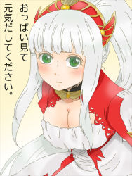 Rule 34 | 10s, 1girl, blush, breasts, choker, cleavage, dress, gradient background, green eyes, grey hair, hair ornament, jewelry, lailah (tales), long hair, ponytail, tales of (series), tales of zestiria