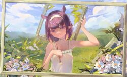 Rule 34 | 1girl, absurdres, alternate costume, bare arms, blue eyes, breasts, camisole, choker, commentary, covered erect nipples, dress, english commentary, field, flower, gradient hair, grass, grin, hairband, head tilt, highres, holding, holding paintbrush, hololive, hololive english, looking at viewer, meiyan (boyimachao), multicolored hair, ninomae ina&#039;nis, orange hair, outdoors, paintbrush, painting (object), pointy ears, purple hair, recursion, scenery, short hair, small breasts, smile, solo, sundress, teeth, tentacle hair, upper body, virtual youtuber, white choker, white dress, white hairband