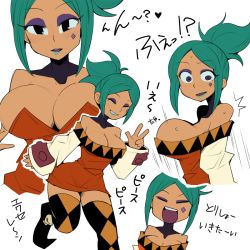 Rule 34 | 1girl, bare shoulders, breasts, cerebella (skullgirls), cleavage, green hair, henyaan (oreizm), large breasts, ponytail, skullgirls, solo, tagme, thighhighs, third-party edit