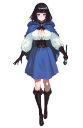 Rule 34 | 1girl, black hair, blue cape, blue eyes, blue skirt, blush, boots, breasts, brown footwear, brown gloves, cape, cleavage, collar, commentary, english commentary, full body, gemi ningen, gloves, highres, holding, hood, hood down, hooded cape, knee boots, large breasts, long hair, looking at viewer, original, parted lips, shirt, simple background, skirt, solo, standing, sweat, white background, white shirt