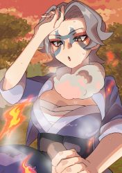 Rule 34 | 1girl, :o, arm up, belt, belt buckle, breasts, brown eyes, buckle, charm (pokemon), chest sarashi, cloud, commentary request, creatures (company), eyeshadow, facial mark, fire, fur collar, game freak, grey hair, highres, holding, hot, jacket, kono2noko, looking down, makeup, medium hair, nintendo, outdoors, pokemon, pokemon legends: arceus, red eyeshadow, sarashi, sky, solo, sweat