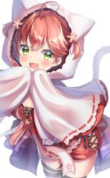 Rule 34 | 1girl, :3, :d, absurdres, ahoge, animal hood, blush, cat hood, cloak, cross-laced clothes, cross-laced shorts, green eyes, hair between eyes, highres, hololive, hood, looking at viewer, official alternate costume, official alternate hairstyle, open mouth, pink hair, rappi, red shorts, sakura miko, sakura miko (work), shorts, sideless outfit, simple background, skindentation, smile, solo, two side up, virtual youtuber, white background, white cloak