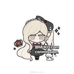 Rule 34 | 1girl, absurdly long hair, artist name, black bow, black pantyhose, blonde hair, blush stickers, bow, bowtie, bracelet, braid, brooch, brown eyes, cat, chibi, chinese commentary, collared shirt, commentary request, commission, crown, crown braid, danganronpa (series), danganronpa 2: goodbye despair, flat color, frilled skirt, frills, gem, green gemstone, green skirt, green vest, hair bow, highres, jewelry, kitten, long hair, looking at viewer, mary janes, medium skirt, muko com, no mouth, pantyhose, puffy short sleeves, puffy sleeves, red bow, red bowtie, red crown, red footwear, shirt, shoes, short sleeves, simple background, skirt, skirt set, solo, sonia nevermind, sparkle, straight-on, unworn crown, very long hair, vest, weibo watermark, white background, white cat, white shirt