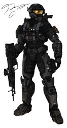 Rule 34 | 1boy, armor, battle rifle, bullpup, commission, gloves, gun, halo: reach, halo (series), helmet, highres, holding, holding gun, holding weapon, looking to the side, m392 marksman, open hand, pickledgear, power armor, rifle, solo, spartan (halo), visor, weapon