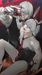 Rule 34 | 2boys, absurdres, alcohol, animal ears, arm up, bar (place), bare shoulders, black bow, blue eyes, bottle, bow, closed mouth, collarbone, cumcmn, cup, dante (devil may cry), devil may cry, devil may cry (series), devil may cry 4, drinking glass, fake animal ears, film grain, grey hair, hair between eyes, high heels, highres, holding, holding cup, male focus, male playboy bunny, multiple boys, necktie, nero (devil may cry), open mouth, pouring, pouring onto another, rabbit ears, red footwear, red necktie, sitting, smile, standing, teeth, toned, toned male, twitter username, wine, wine glass