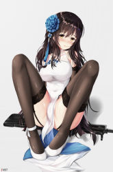 Rule 34 | 1girl, assault rifle, black thighhighs, blush, brown hair, bullpup, full body, garter straps, girls&#039; frontline, gun, hair in own mouth, lace, lace-trimmed legwear, lace trim, long hair, looking at viewer, mole, mole under eye, napalmbit, official alternate costume, qbz-95, rifle, shoes, sitting, solo, spread legs, thighhighs, type 95 (girls&#039; frontline), type 95 (narcissus) (girls&#039; frontline), weapon, white footwear, yellow eyes