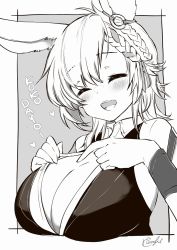 Rule 34 | 1girl, :d, animal ears, arknights, blush, border, braid, breasts, cleavage, closed eyes, facing viewer, grey background, greyscale, hair ribbon, heart, kasagland, kroos (arknights), kroos the keen glint (arknights), large breasts, monochrome, no bra, open clothes, open mouth, outside border, pointing, rabbit ears, ribbon, signature, simple background, smile, solo, upper body, white border, wristband