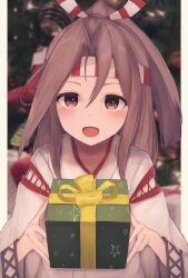 Rule 34 | 1girl, blush, box, brown eyes, gift, gift box, hachimaki, headband, high ponytail, highres, holding, holding gift, japanese clothes, kantai collection, kimono, kyawadayooo, light brown hair, long hair, long sleeves, open mouth, smile, solo, upper body, white kimono, wide sleeves, zuihou (kancolle)