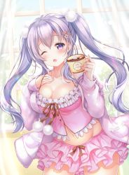 Rule 34 | 1girl, ;o, aoba chise, aoba project, bare shoulders, breasts, camisole, cleavage, collarbone, commentary request, copyright name, cowboy shot, cup, curtains, groin, hair ornament, hairclip, hand on own chest, hands up, heart, highres, holding, holding cup, jacket, large breasts, layered skirt, long hair, long sleeves, looking at viewer, midriff, miniskirt, navel, off shoulder, one eye closed, open clothes, open jacket, open mouth, pink shirt, pink skirt, pom pom (clothes), purple eyes, purple jacket, sakura moyon, shirt, sidelocks, silver hair, skirt, solo, spaghetti strap, teacup, twintails, window