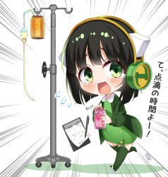 Rule 34 | 1girl, blush, can, clipboard, commentary request, dress, emphasis lines, flytolive, green dress, green eyes, green hair, green jacket, green thighhighs, headphones, highres, holding, holding can, jacket, kyomachi seika, mechanical pencil, open clothes, open jacket, open mouth, partner (kprtnr), pencil, shadow, solo, tears, thighhighs, translation request, voiceroid, white background, white footwear