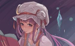 Rule 34 | 1girl, 3735geriragouki, blush, book, breasts, cleavage, closed mouth, collarbone, commentary, crescent, crescent hair ornament, crystal, earrings, green nails, hair ornament, hair over shoulder, hat, hat ribbon, holding, holding book, jewelry, long hair, looking at viewer, looking to the side, low neckline, mob cap, nail polish, open book, patchouli knowledge, portrait, purple eyes, purple hair, red ribbon, ribbon, sidelocks, smirk, solo, touhou