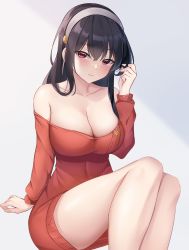 Rule 34 | 1girl, absurdres, bare legs, bare shoulders, black hair, blush, breasts, cleavage, collarbone, dress, hairband, hand up, highres, large breasts, long hair, looking at viewer, no legwear, off-shoulder sweater, off shoulder, red eyes, red sweater, san zhi chun, simple background, sitting, solo, spy x family, straight hair, sweater, sweater dress, thighs, white background, white hairband, yor briar
