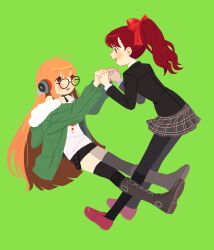 Rule 34 | 2girls, :d, ahoge, behind-the-head headphones, black jacket, black pantyhose, black shorts, black thighhighs, blunt bangs, blunt ends, blush, boots, bow, brown eyes, brown footwear, full body, glasses, green background, green jacket, grey skirt, hair bow, headphones, highres, holding hands, hood, hood down, hooded jacket, jacket, loafers, long hair, long sleeves, looking at another, melkymelkii, multiple girls, off-shoulder shirt, off shoulder, open clothes, open jacket, open mouth, orange hair, pantyhose, persona, persona 5, persona 5 the royal, plaid, plaid skirt, pleated skirt, ponytail, print shirt, red bow, red eyes, red footwear, red hair, round eyewear, sakura futaba, school uniform, shirt, shoes, shorts, shuujin academy school uniform, simple background, skirt, smile, thighhighs, very long hair, white shirt, yoshizawa kasumi
