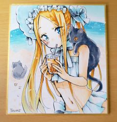 Rule 34 | abigail williams (fate), abigail williams (swimsuit foreigner) (third ascension) (fate), animal, animal on shoulder, artist name, beach, bikini, black cat, blonde hair, blue eyes, blush, bonnet, bow, braid, bubble tea, cat, cat on shoulder, choker, commentary request, cowboy shot, cup, day, disposable cup, drinking, drinking straw, drinking straw in mouth, eyes visible through hair, fate/grand order, fate (series), footprints, forehead, french braid, frilled bikini, frills, hair bow, hands up, holding, holding cup, long hair, making-of available, mumu yu mu, navel, ocean, outdoors, parted bangs, ribbon, ribbon choker, sarong, shikishi, sidelocks, signature, swimsuit, traditional media, very long hair, water, white bikini, white bow, white choker, white headwear, white ribbon, white sarong