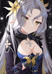 Rule 34 | 1girl, absurdres, black gloves, breasts, briar witch iseria, cleavage, crying, crying with eyes open, epic seven, flower, gloves, grey hair, hair flower, hair ornament, hairclip, highres, jewelry, long hair, long sleeves, looking at viewer, phumanchew, rain, ring, scar, scar on chest, solo, tears, yellow eyes