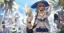 Rule 34 | 6+girls, :d, alternate costume, animal ears, arknights, armband, asicah, bare shoulders, belt, big bob (arknights), bikini, bikini shorts, blush, bow, braid, breasts, buckle, carol (arknights), ch&#039;en (arknights), ch'en (arknights), choker, commentary, courier (arknights), day, doctor (arknights), english commentary, female tourist c (arknights), food, grani (arknights), green eyes, gummy (arknights), gummy (summer flowers) (arknights), hair between eyes, hair bow, hat, highres, holding, hood, hoodie, horns, horns through headwear, infection monitor (arknights), jacket, large breasts, large tail, long hair, looking at viewer, luggage, midriff, mouth hold, multiple girls, navel, official alternate costume, open mouth, orange-tinted eyewear, orange-tinted glasses, outdoors, platinum (arknights), platinum (shimmering dew) (arknights), pointing, popsicle, provence (arknights), provence (casual vacation) (arknights), purple hair, red-tinted eyewear, red-tinted glasses, red eyes, shirt, short shorts, shorts, silver hair, skadi (arknights), skadi (waverider) (arknights), skyfire (arknights), skyfire (temperature difference) (arknights), smile, stomach, straw hat, sunglasses, swimsuit, tail, tinted eyewear, very long hair, vigna (arknights), vigna (casual vacation) (arknights), warfarin (arknights), wolf ears, wolf tail