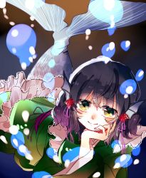 Rule 34 | 1girl, blue hair, blush, commentary, fins, frills, green kimono, hand on own chin, head fins, highres, japanese clothes, kimono, long sleeves, looking at viewer, mermaid, monster girl, obi, one-hour drawing challenge, sash, satou pote, satoupote, short hair, smile, solo, touhou, wakasagihime, wide sleeves, yellow eyes