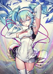 Rule 34 | 1girl, arms up, blue eyes, blue hair, covered navel, cowboy shot, elbow gloves, gloves, goodsmile racing, hair between eyes, hatsune miku, headphones, lantam, leotard, long hair, racing miku, racing miku (2014), solo, thighhighs, twintails, vocaloid, white gloves, white leotard, white thighhighs